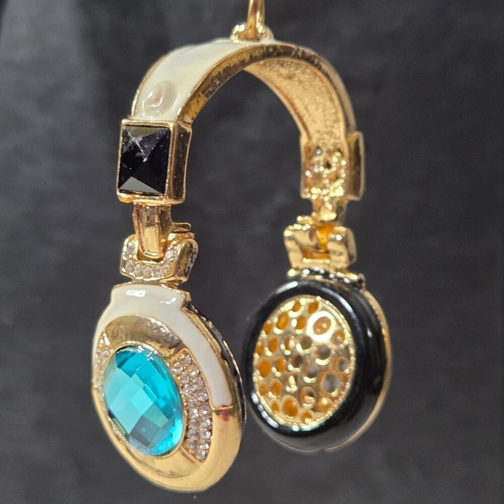 Gold-tone Headphones Purse Charm Keychain with Aqua, Black & Clear Gems - Picture 4 of 5
